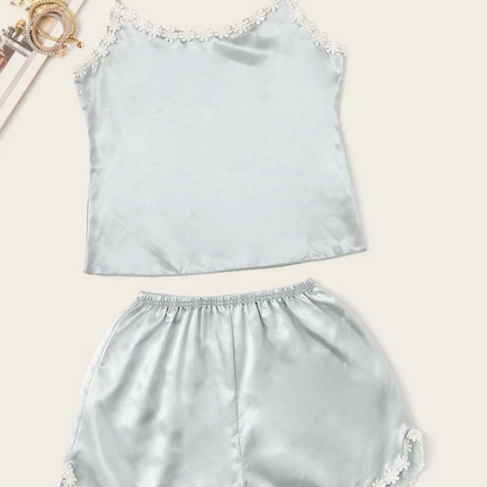 Crochet Trim Satin Pj Set